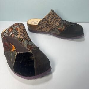 VTG Y2K Think! Velvet Brocade Patchwork Clogs Slide Shoe Comfort Size 5.5US 36EU
